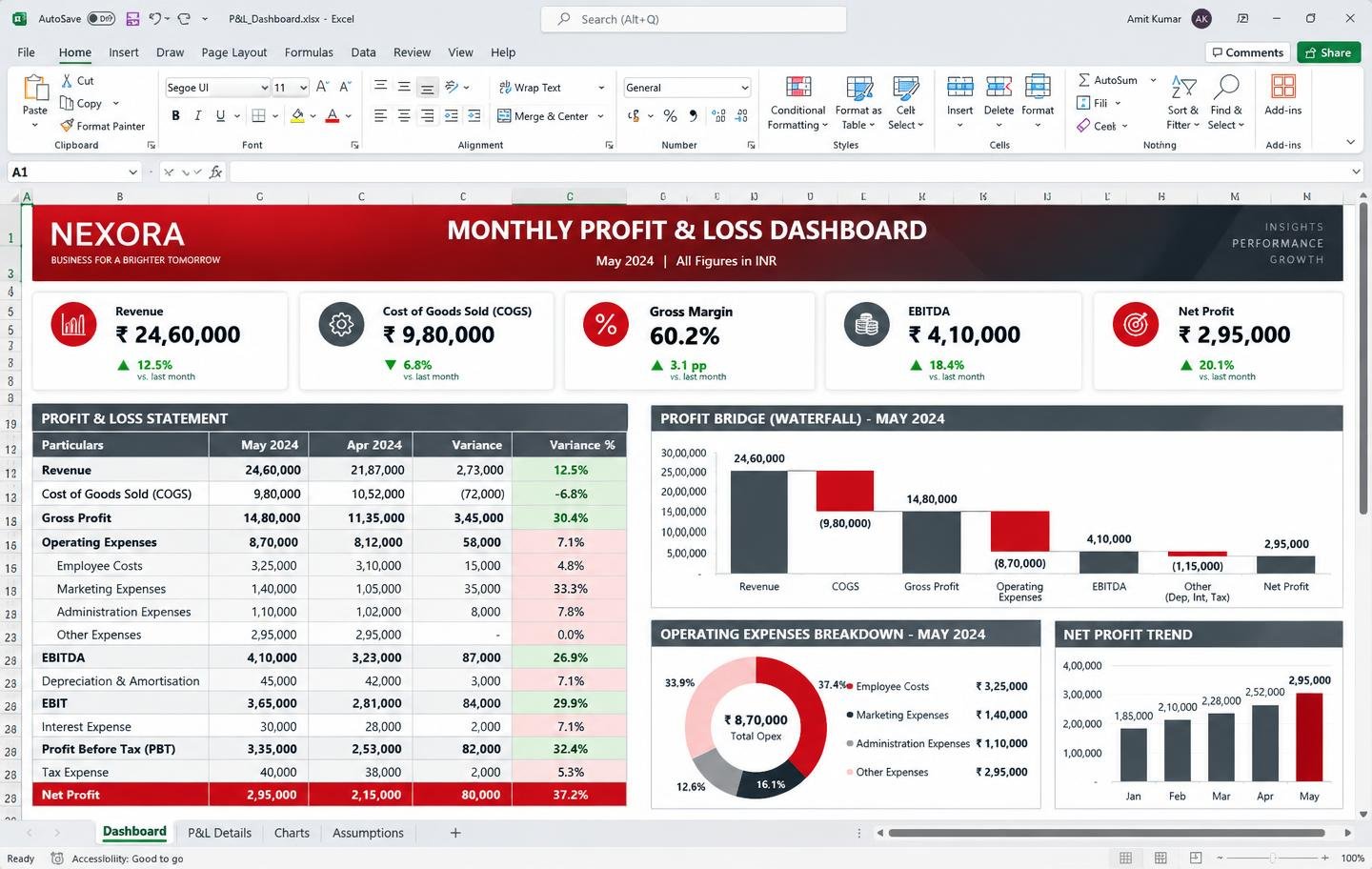 Monthly P&L Dashboard Excel dashboard